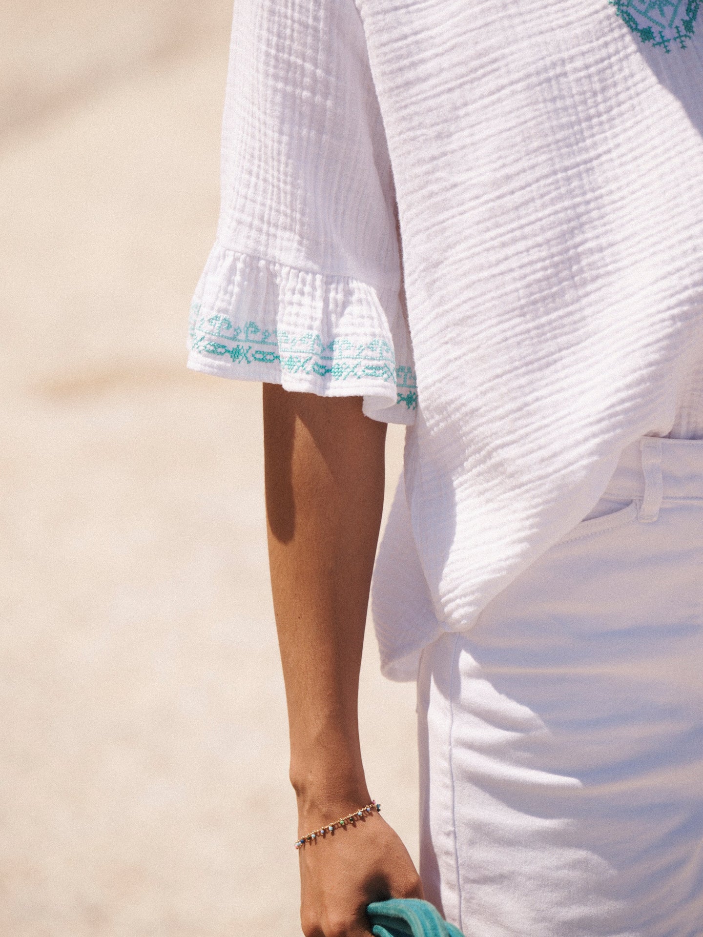 Kayla cotton double cloth embroidered top - White