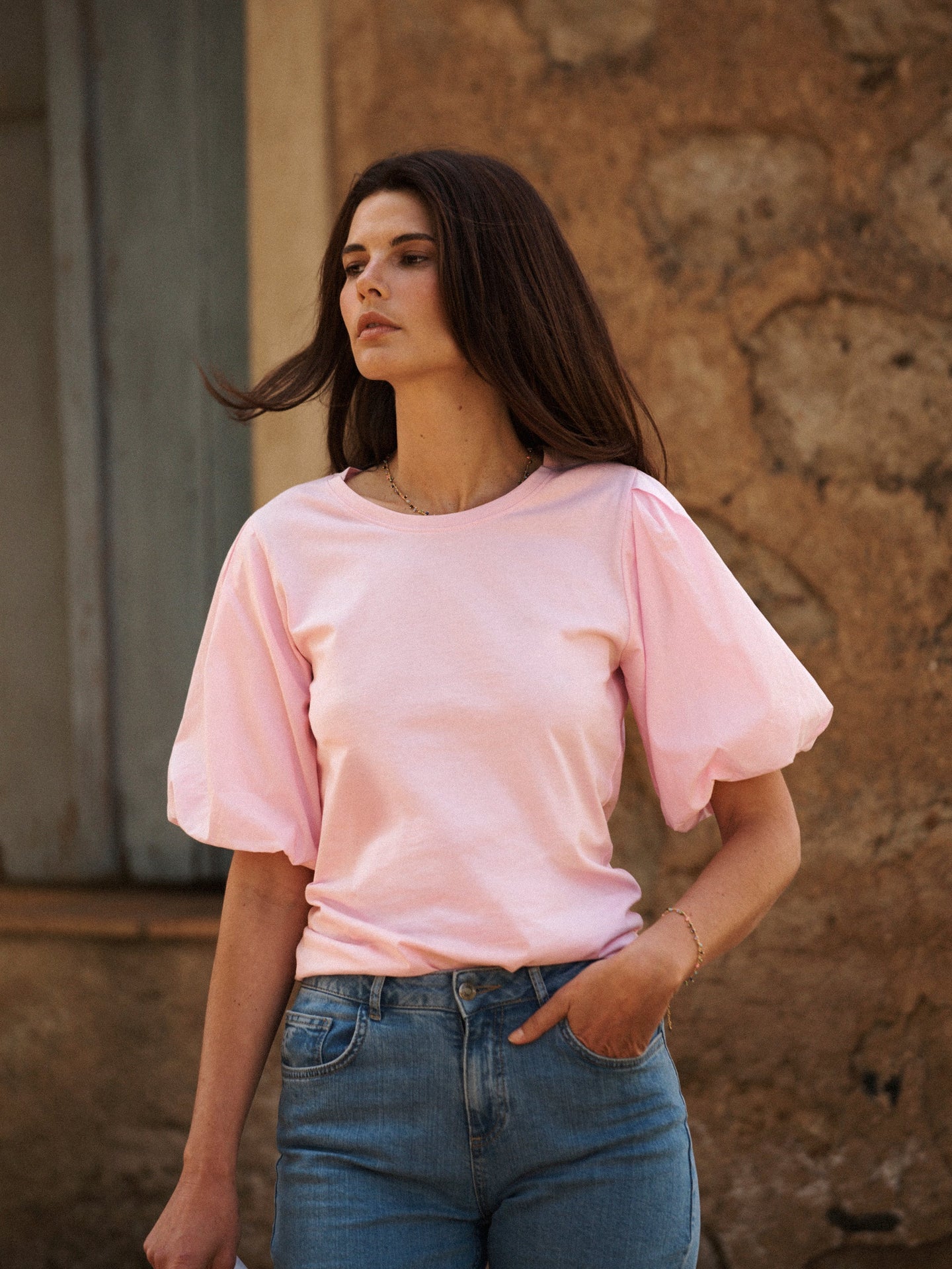 Livia cotton balloon sleeve T-shirt - Pink