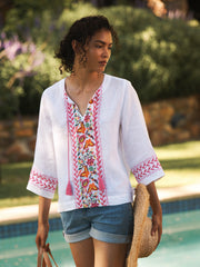 Marcella linen embroidered top - White