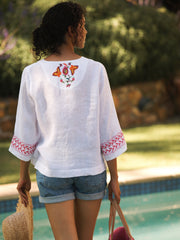 Marcella linen embroidered top - White