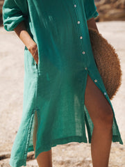 Mira gauze linen button down dress - Sea Green