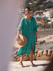Mira gauze linen button down dress - Sea Green