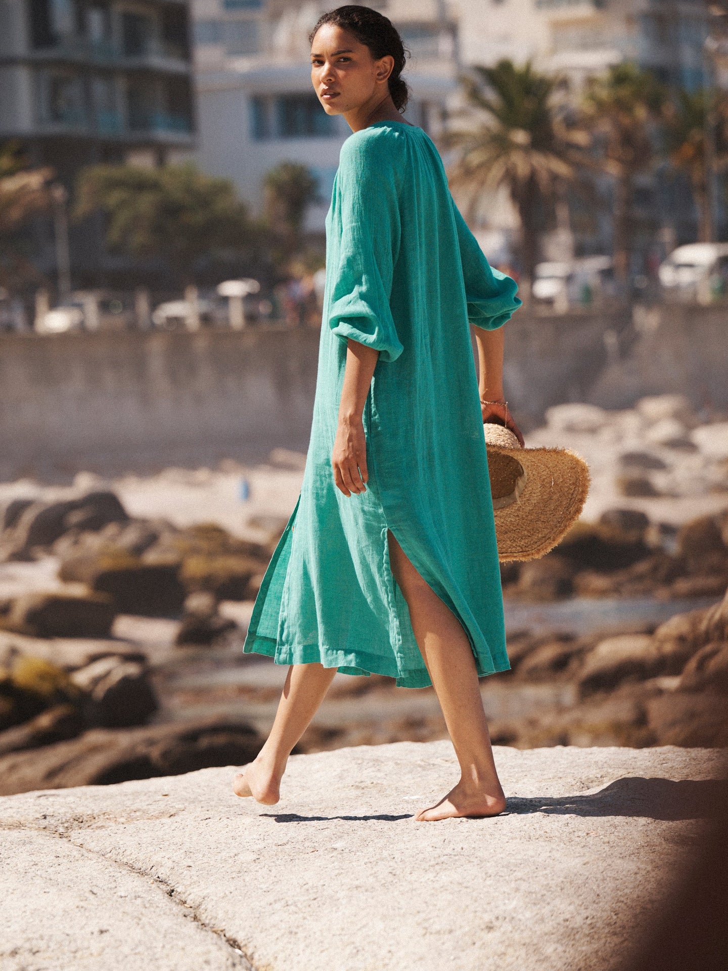 Mira gauze linen button down dress - Sea Green