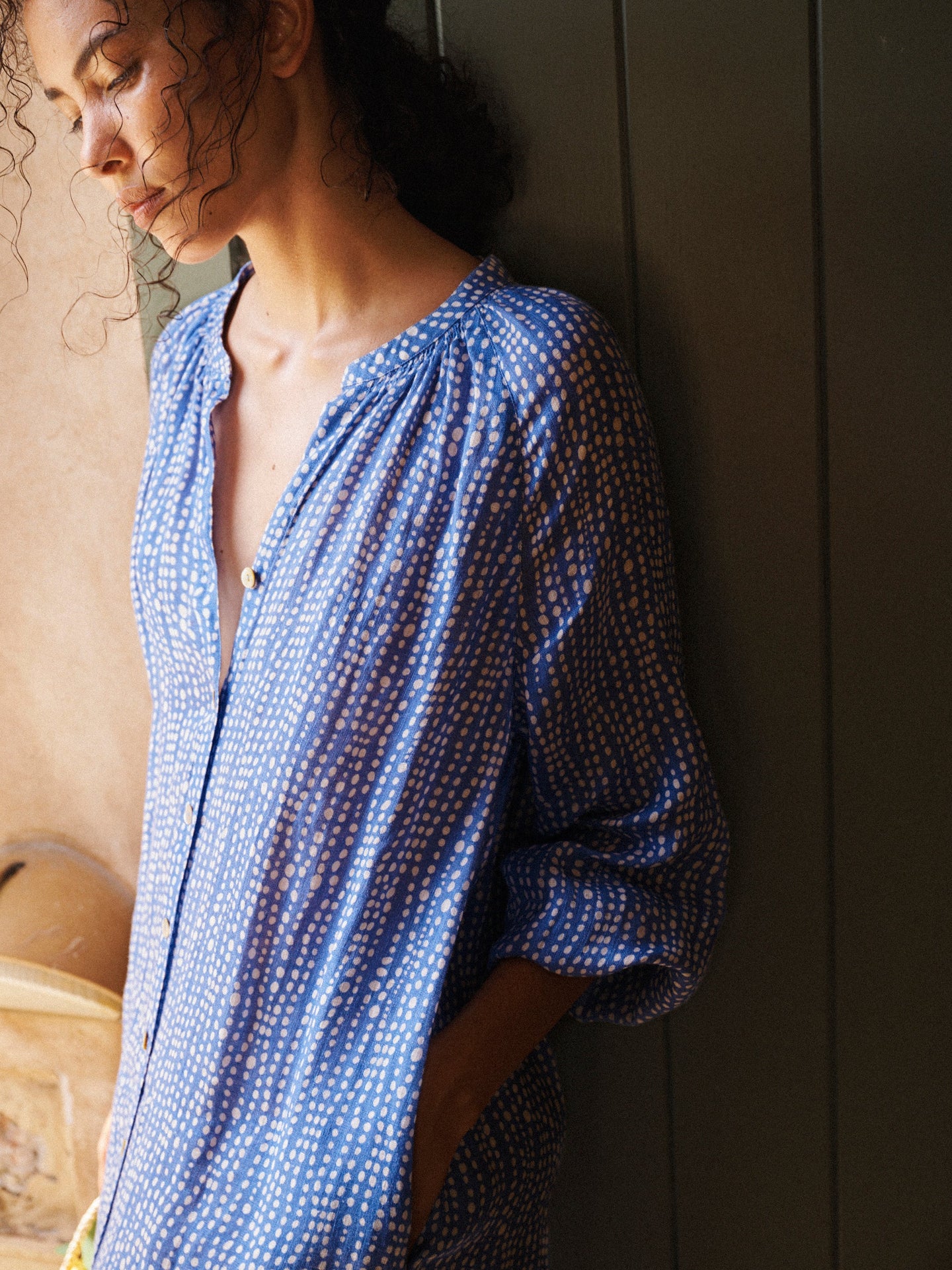 Mira gauze linen button down spot printed dress