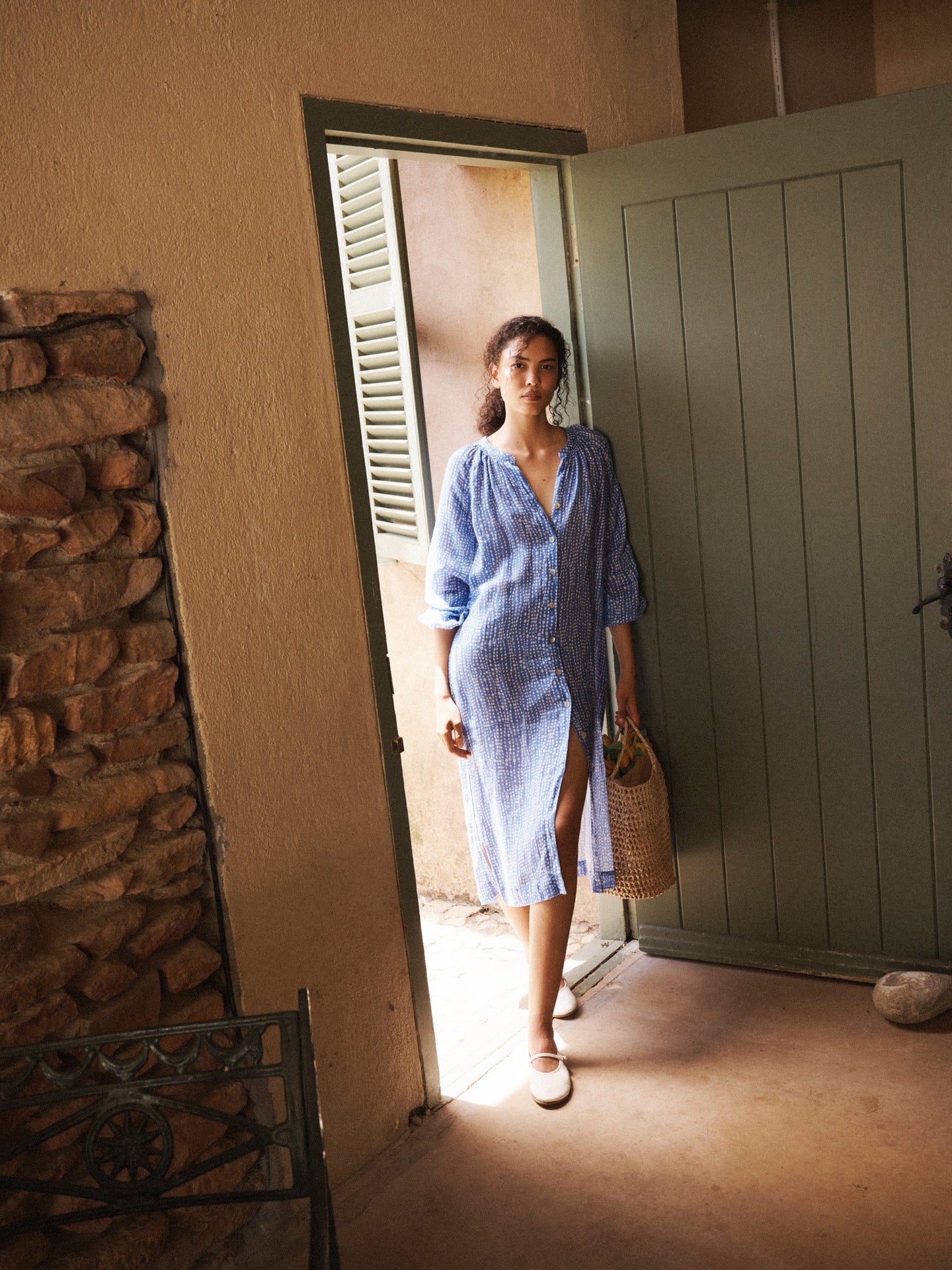 Mira gauze linen button down spot printed dress