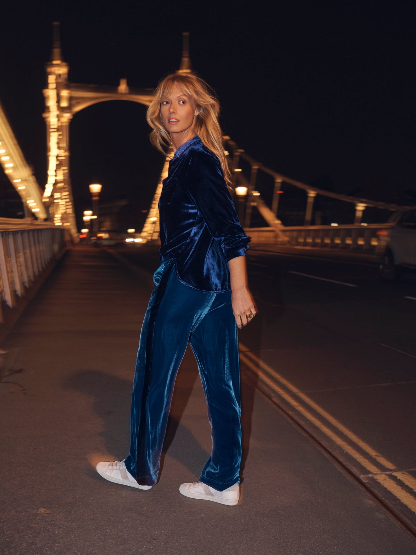 Thea silk blend velvet side stripe trouser - Peacock / Midnight