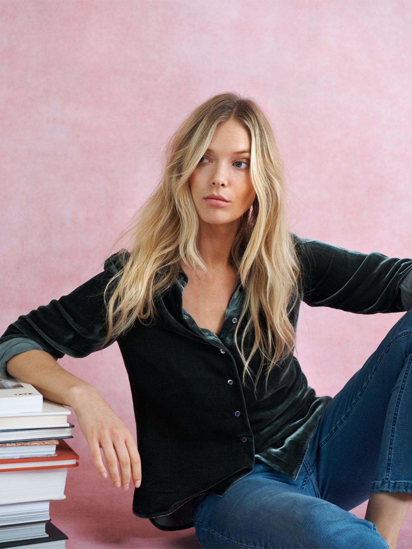 Pattie silk blend velvet button thru shirt