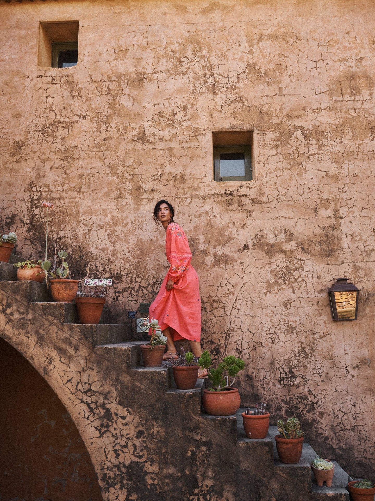 Erica linen embroidered dress - Soft Orange