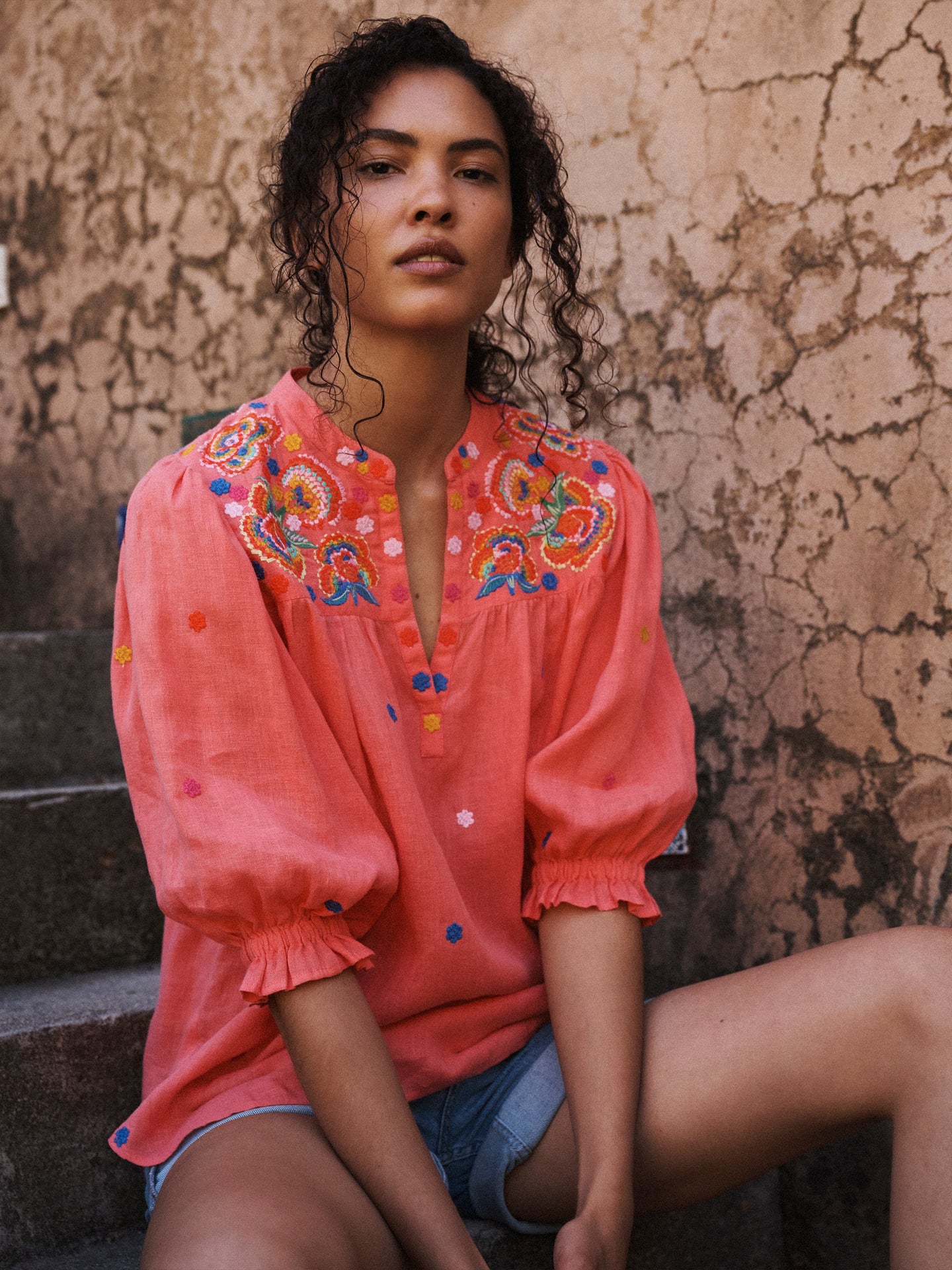 Andi linen embroidered shirt - Soft Orange