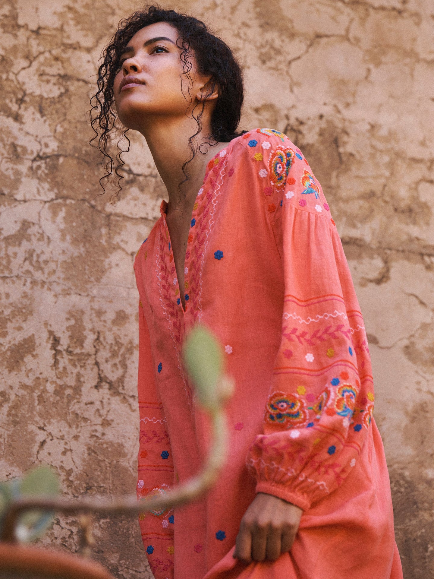 Erica linen embroidered dress - Soft Orange