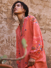Erica linen embroidered dress - Soft Orange