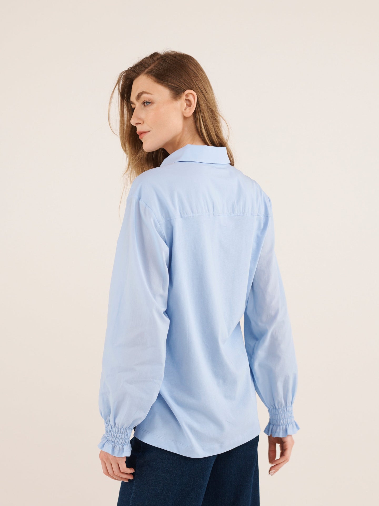 Aria jersey and cotton shirred cuff shirt - Pale Blue