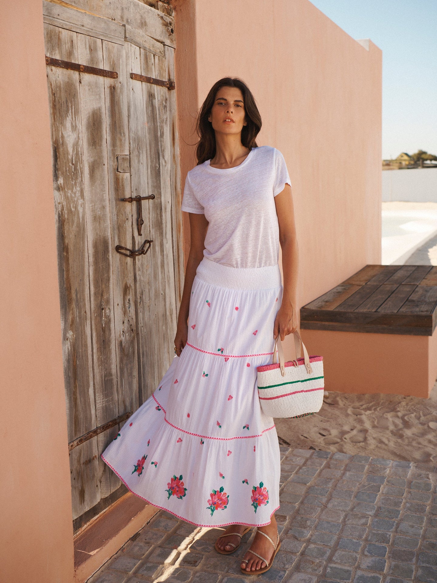 Shelby cotton seersucker embroidered skirt - White