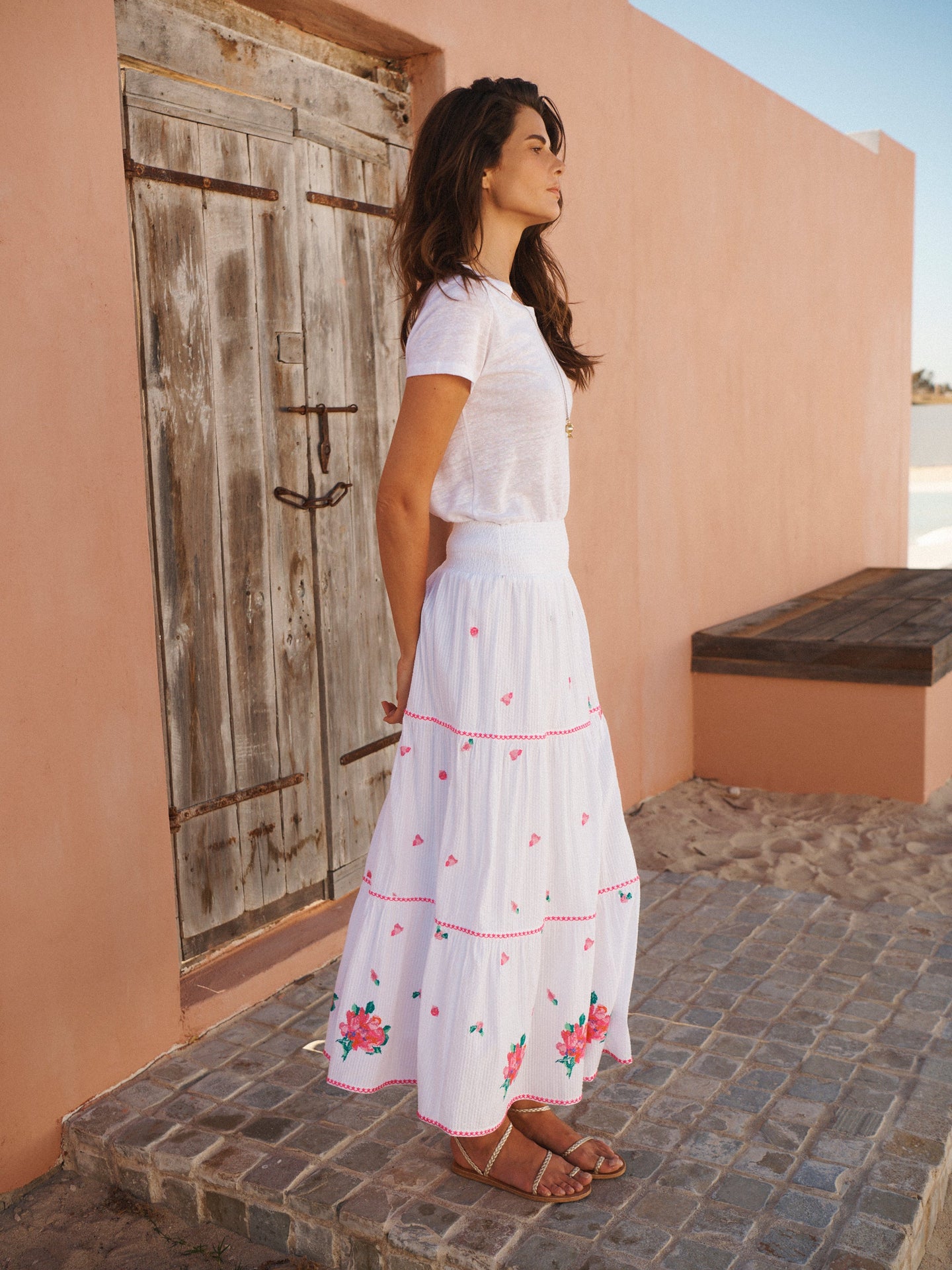 Shelby cotton seersucker embroidered skirt - White