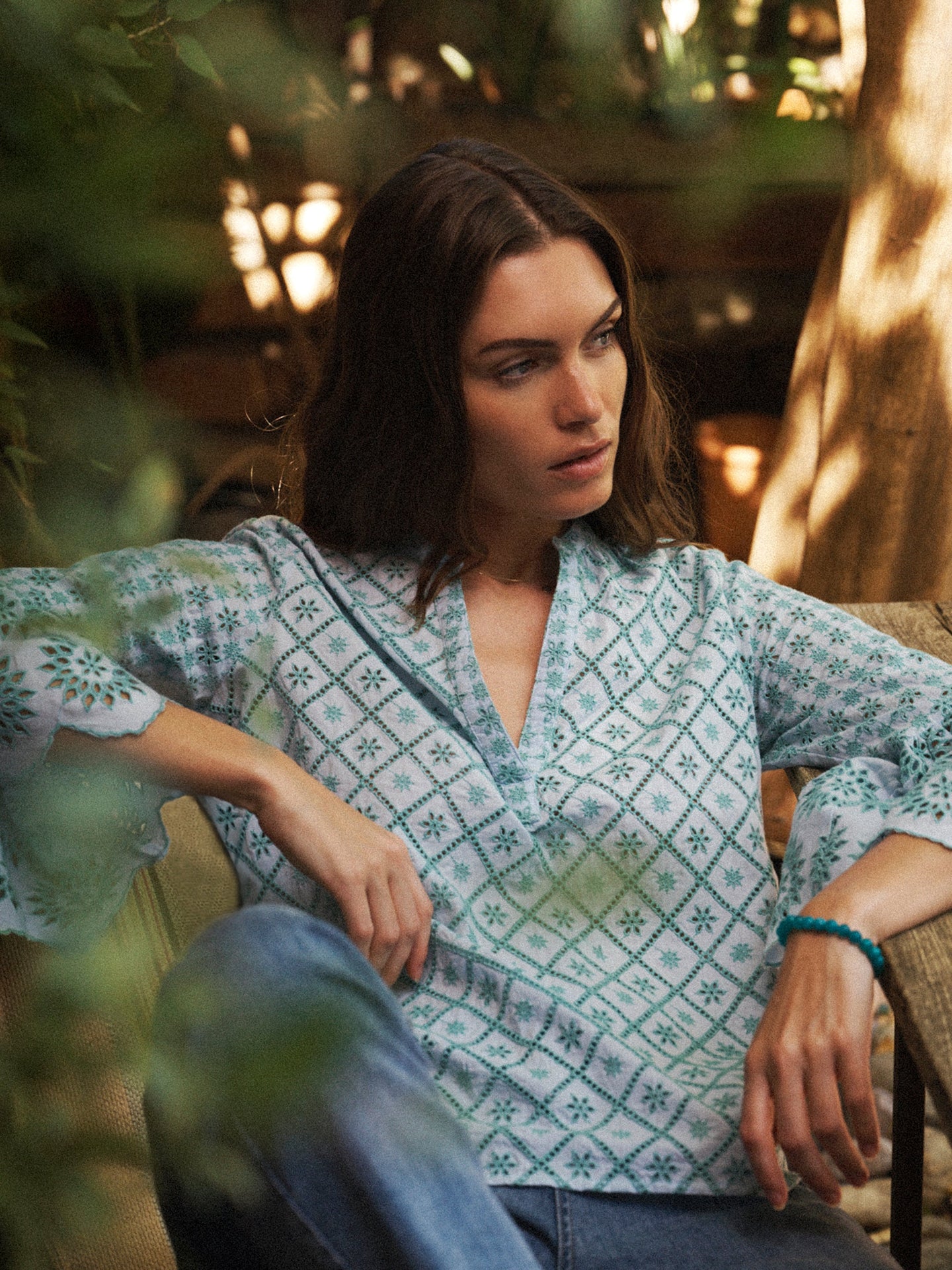 Greta broderie top - Light Blue & Green