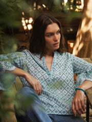 Greta broderie top - Light Blue & Green