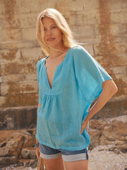 Vee angel gauze linen v neck top - Turquoise