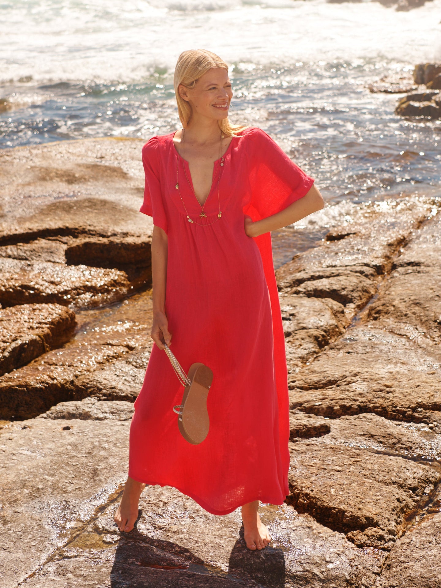 Verity gauze linen v neck dress - Geranium