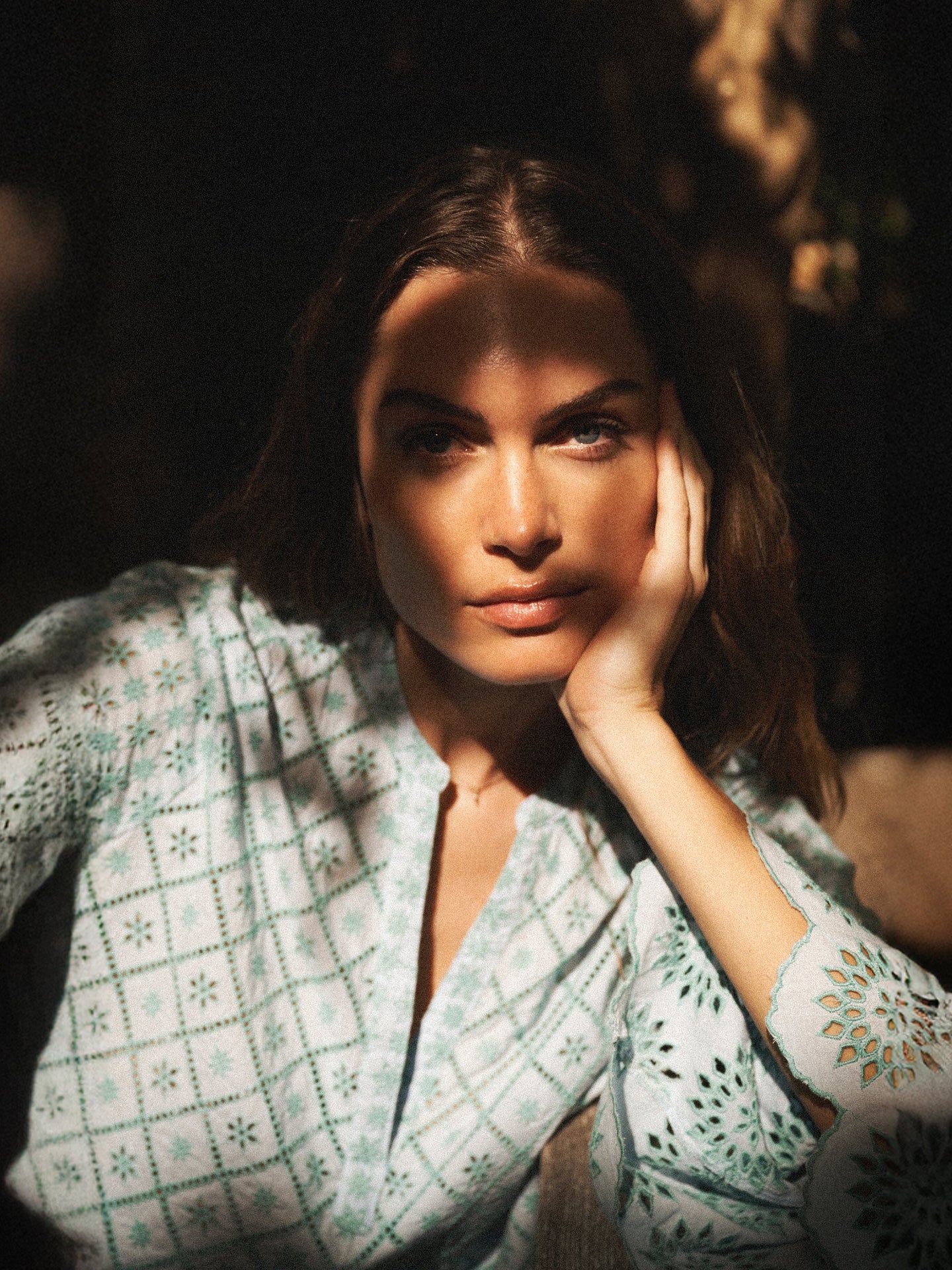 Greta broderie top - Light Blue & Green