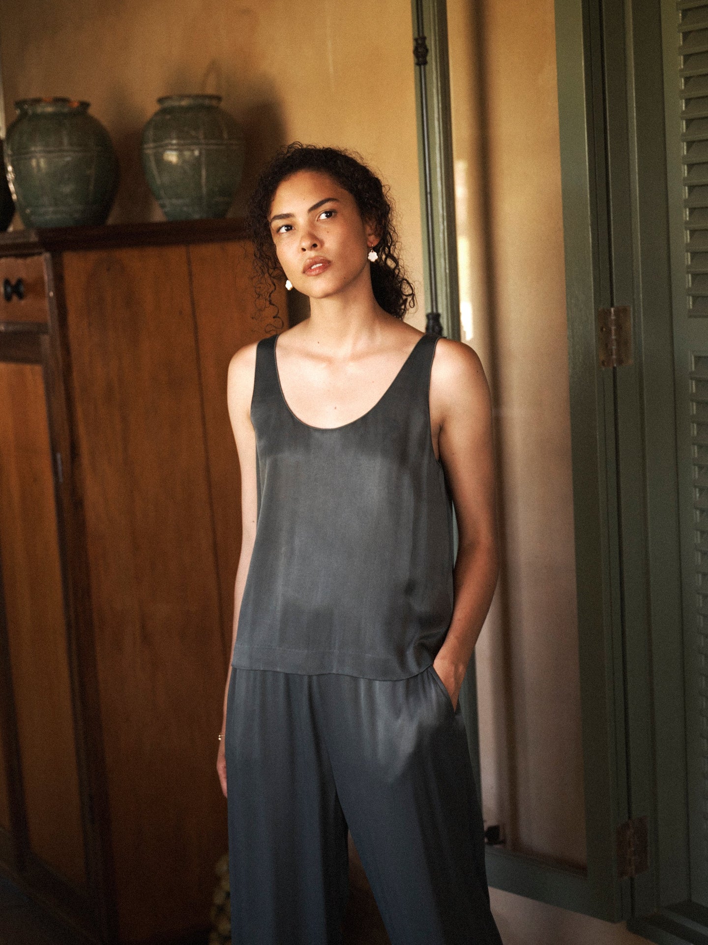 Verity satin reversible vest- Khaki